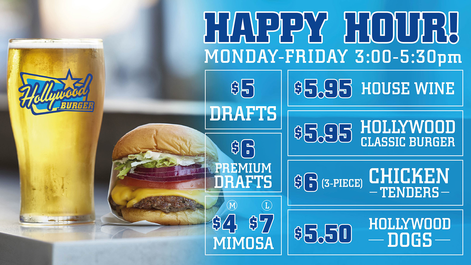 Happy Hour is Monday through Friday 3pm to 5:30 pm - get reduced prices on a selection of items!
